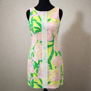 Lilly Pulitzer 20th Anniversary Flamingo Textured Shift Dress Pink Green Zip 6